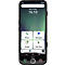 Smartphone-Display mit Uhrzeit und App-Symbolen. Unten Logo und Telefon-Buttons.