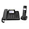 Schwarzes Festnetztelefon mit Mobilteil und Basisstation, mit Display. Auf dem Display stehen Datum und Name.