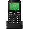 Téléphone Doro noir avec écran vert. Heure 09:10. Chiffres et lettres sur le clavier.