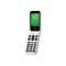 Un téléphone à clapet blanc, ouvert, avec écran vert. Heure 09h20. En dessous de l'écran se trouvent des boutons, dont des chiffres et des symboles.