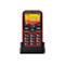 Rotes Handy in Ladestation. Uhrzeit 16:10, Datum 15.09.2024. Display zeigt Menü, Wetter. Zifferntasten und OK-Taste.