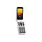 Un téléphone à clapet blanc avec un écran ouvert affichant l'heure et la date. En dessous, des touches avec des chiffres et des symboles.