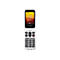 Téléphone à clapet blanc, ouvert, affichant l'heure et la date. En dessous, des boutons avec des chiffres et des symboles.