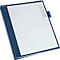 Classeur bleu avec papier blanc et marqueurs colorés.