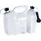 White fuel canister with two containers, black lids, and a handle. One lid is connected to a black spout.