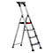 Silver, three-step stepladder on white background. Top has a black handle, red safety bars, and black footrests.