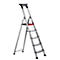 A silver step ladder stands upright. It has four steps, a red platform, and a black handle.