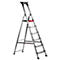 A grey aluminum ladder with red and black accents stands isolated on a white background. It has 6 steps and a holder.