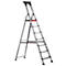 Grey, metallic stepladder with black treads and upper handle. A red reinforcement is visible.