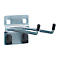 A metal wall hook with two curved hooks and black end caps, against a white background.