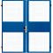 Blue double door with wire mesh and safety lock.