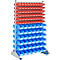 Shelf with red and blue containers for storage.
