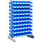 Blue storage bins in a metal rack, ideal for organization.