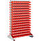 A red rack with many small containers. It stands on a gray frame. The containers are arranged in rows.
