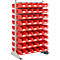A red storage rack filled with numerous red storage bins. The bins are arranged in multiple rows and have white labels.