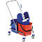 Cleaning supplies cart with blue and red bucket. Cart with stainless steel frame and rollers.