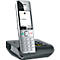 Draadloze telefoon met display, telefoonnummer, belsymbool en toetsenbord in de basis.