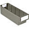 Gray plastic sorting box with four compartments and white label holders.