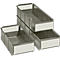 Stackable, rectangular metal containers with white label fields.