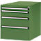 Green tool cabinet with four drawers, silver handles and a keyhole.