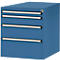 Blue tool cabinet with four drawers. The drawers have silver handles and black accents.