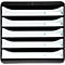 Black multi-tiered document filing system. It has five white drawers with small rectangular labels.