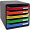 Black stacking file with 5 colored compartments. Each compartment has a label. Colors: red, orange, yellow, green, blue.