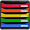 Filing system with five colored drawers in red, orange, yellow, green, and blue. Each drawer has a white label field.
