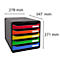 Black, stackable letter tray with five coloured drawers. Dimensions: 278x347x271 mm. Each drawer has a label field.