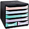 Black desk organiser with six colored drawers. Each drawer has a white name tag. The colors are pastel pink, purple, green, and light blue.