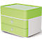 Green drawer box with two drawers and white handles. The top is also green and the bottom white.