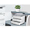 White filing system with two drawers on desk. Plant on top. Printer in the background.
