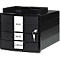 Black office drawer cabinet with three drawers, key and labels: Private, Storage, Accessories.