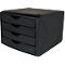 Black office drawer cabinet with four drawers and recessed handles.