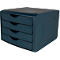 Dark blue drawer system with four drawers. The recessed grips are semi-circular. There is a small logo at the bottom right.