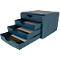 Blue drawer system with three open drawers. Black inserts and lettering on the lowest drawer.