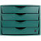 Green drawer cabinet with four drawers and curved recesses for handles.