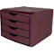 Burgundy file cabinet with four drawers. Small company logo at the bottom.