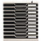 A black and white office file stack with ten compartments and small labels.