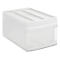 White rectangular storage box with lid and drawer against a white background.