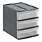 Dark gray drawer tower with three drawers. The drawers have transparent fronts and dark handles.