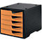 Black, stackable document organizer with five orange drawers.