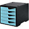 Black file organizer with 4 light blue drawers, detail view.