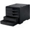 Black drawer box with five drawers, one open. Four round elevations on top.