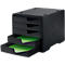 Black office drawer cabinet with four drawers, two are open, with green papers.