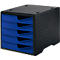 Black office organizer with blue drawers. Five drawers, square, for documents. Standing on a flat surface.