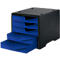 Black office organizer with four blue drawers. One drawer is open.