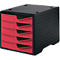 Black document organizer with five red drawers. The top has four gray buttons.