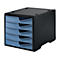 Black office organizer with five light blue drawers. Top plate with recesses, ribbed sides.
