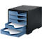 Black document organizer with four blue drawers filled with paper. The drawers are partially open.